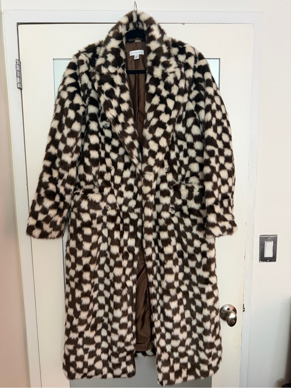 Topshop Brown & Cream Checked Faux Fur Pea Coat